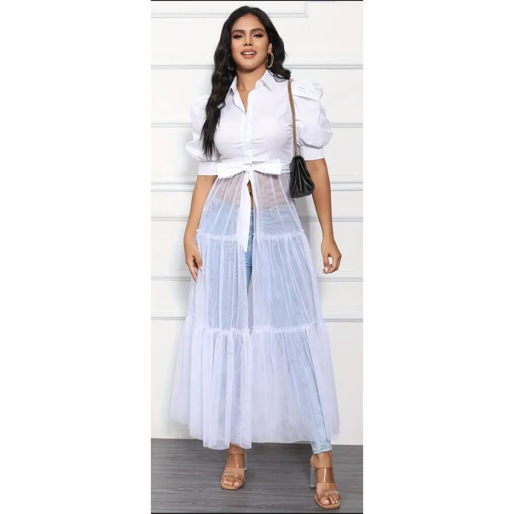 NWT White Button Up Collar Sheer Mesh Shirt Dress Optic White MEDIUM